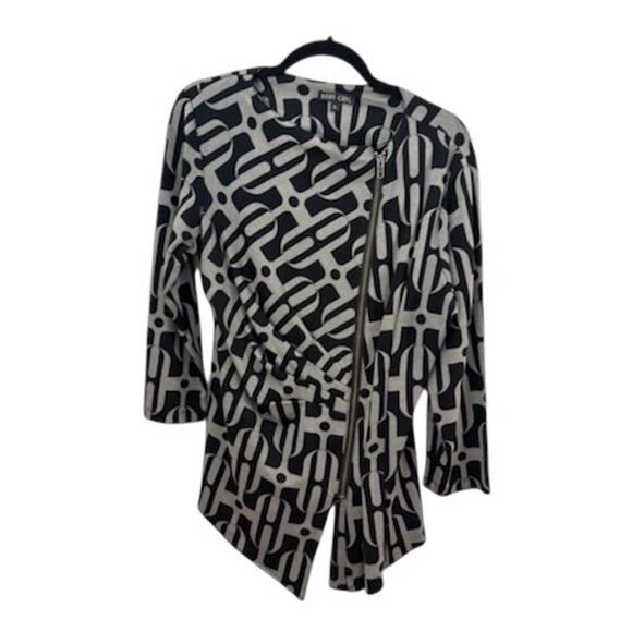 Boho Chic Jacket Abstract Artsy L Black Grey 3/4 Sleeve Rouching Zip Front VNTG - Picture 1 of 10
